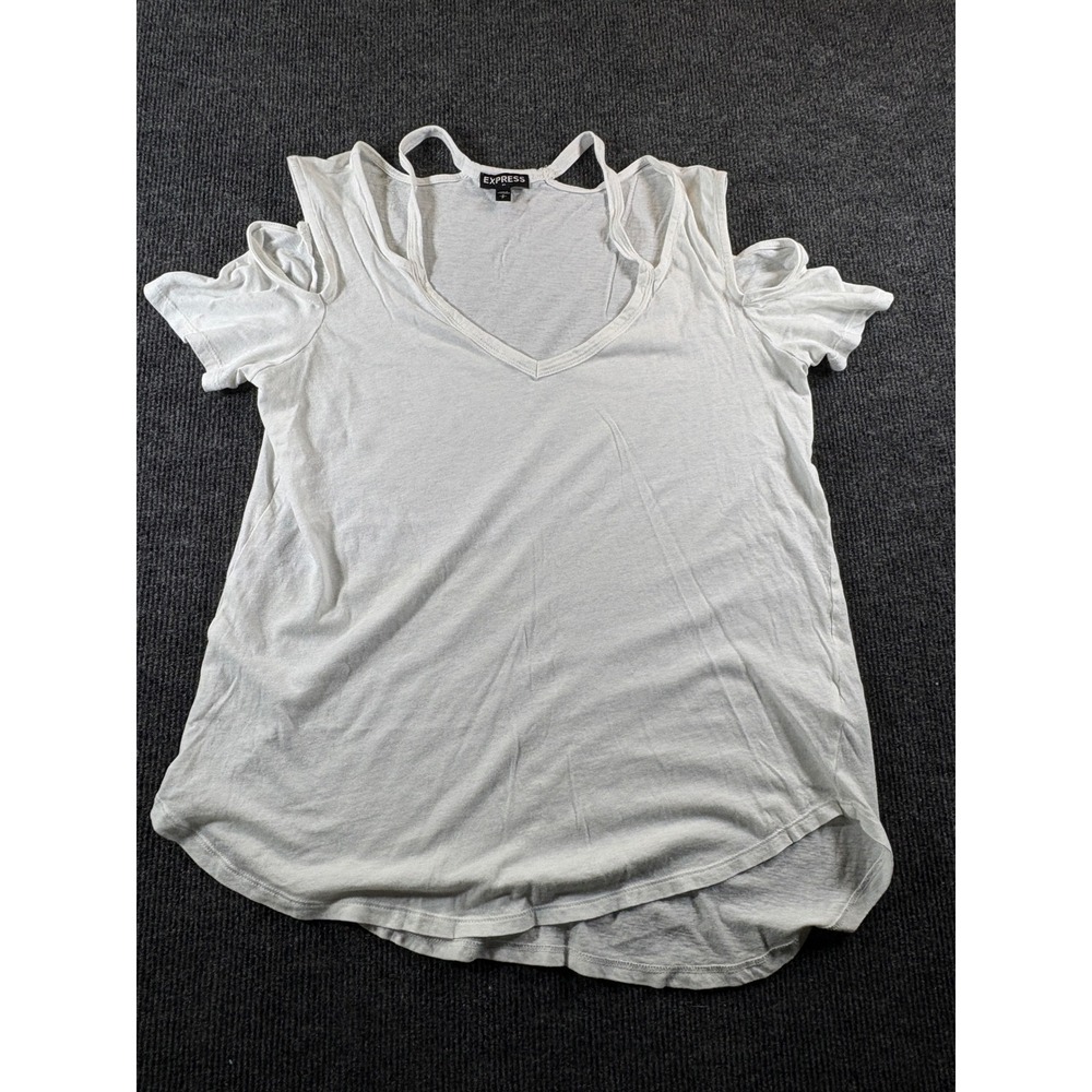Express Womens White Cold Shoulder Strappy V-Neck Short Sleeve Top Small 2577